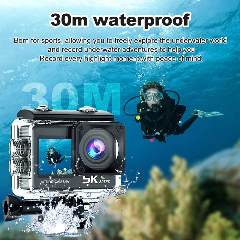G9SE Action Camera 5K30fps 4K60fps 50MP 2.0 Touch LCD EIS DVR Webcam Dual Screen Wi-Fi 170D Waterproof 30M 5X Zoom Sports Camera