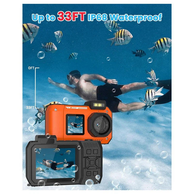 3CGRO-Waterproof Camera 4K 65MP Underwater Camera With 64G Card, For Snorkeling Autofocus Selfie Dual-Screen
