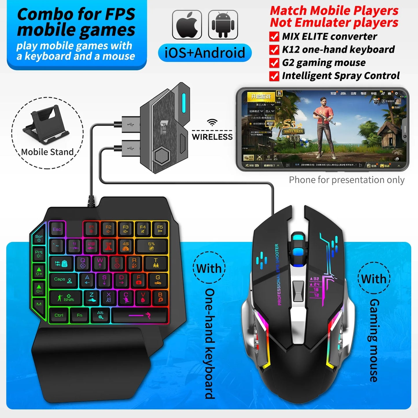 Mobile Game Keyboard and Mouse Adapter, PUBG/Call of Duty Controller Converter Wired/Wireless for Android/(iOS Less than 13.4)