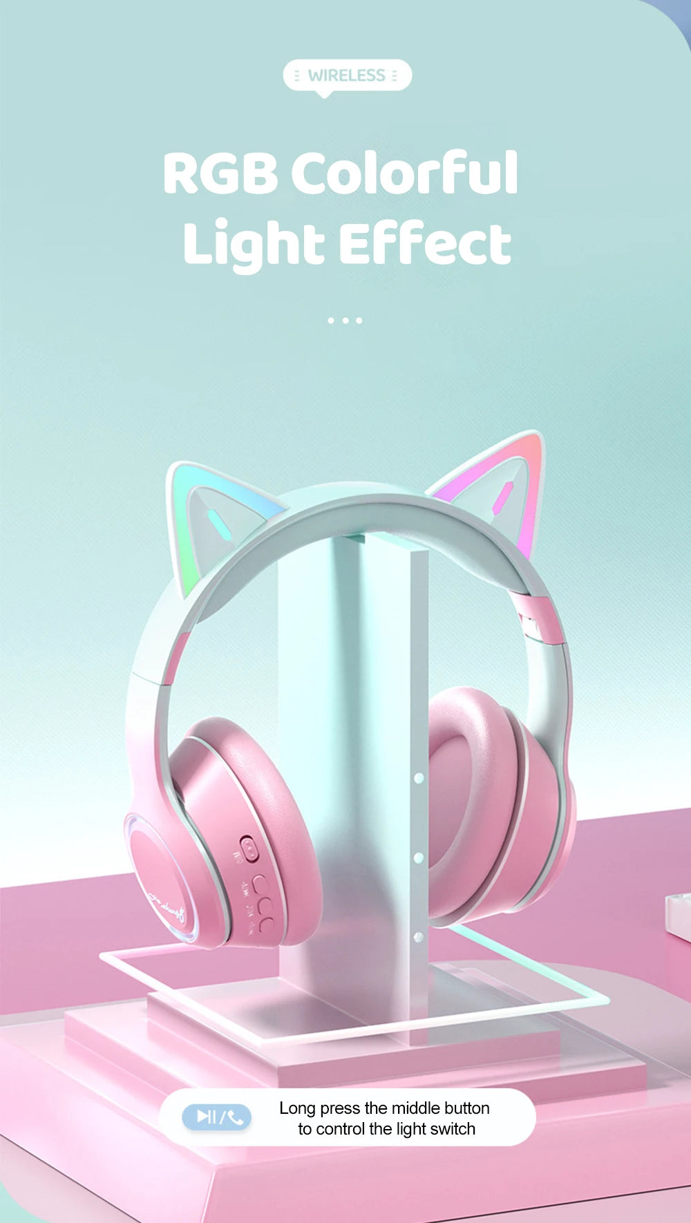 Gradient Wireless Headphones RGB Cat Ear Bluetooth Headphones With Microphone Stereo Music Game Earphone For Girls Kids Gifts - Universal Market