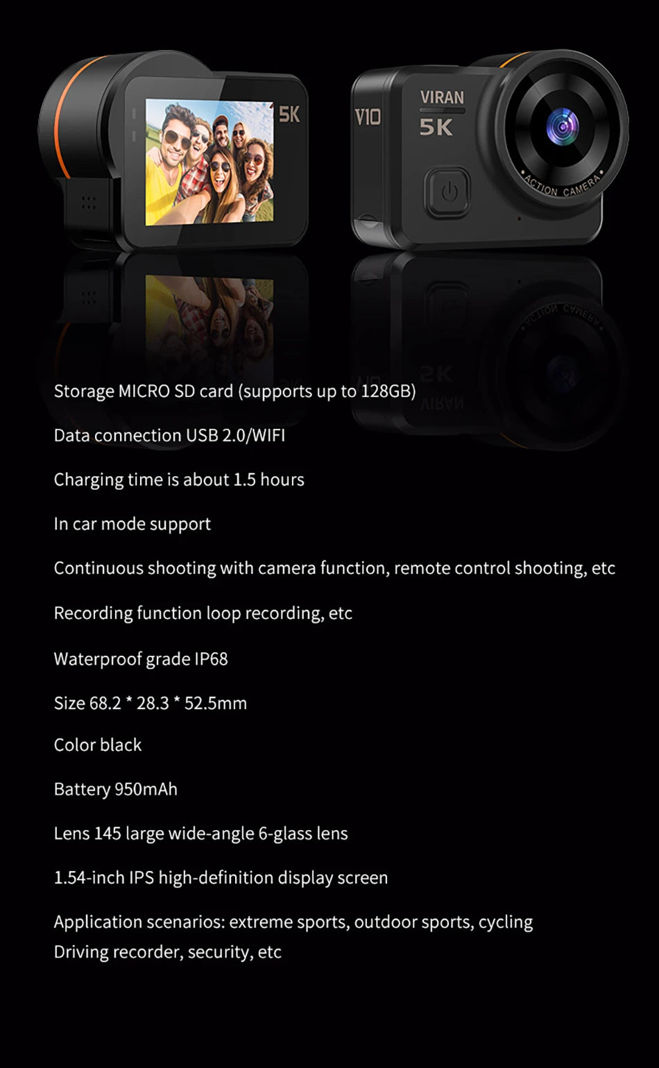 5K Action Camera V10 Electronic Image Stabilization 2" Touch LCD 4K Waterproof Action Camera Dashcam Motion Detection