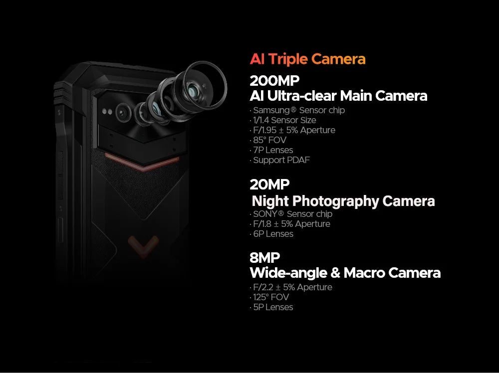 Global Version DOOGEE V Max Plus Rugged Phone 6.58" 120Hz 36GB(16+20) 512GB 200MP Ai Camera 22000mAh Lighting effect Android 14