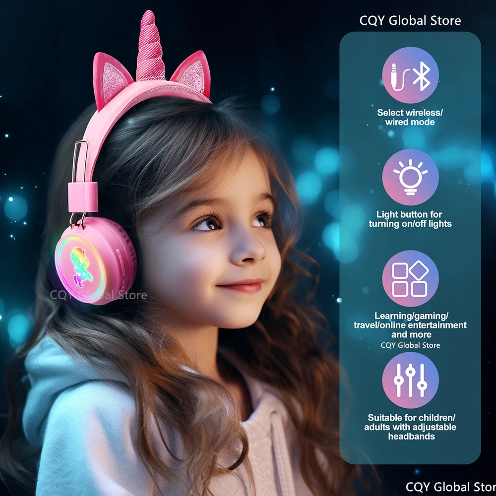 RGB Unicorn Kids Wireless Headphones With Mic Music Stereo Earphone Cute Unicorn Control RGB Light Headset Girls Kids Gift - Universal Market
