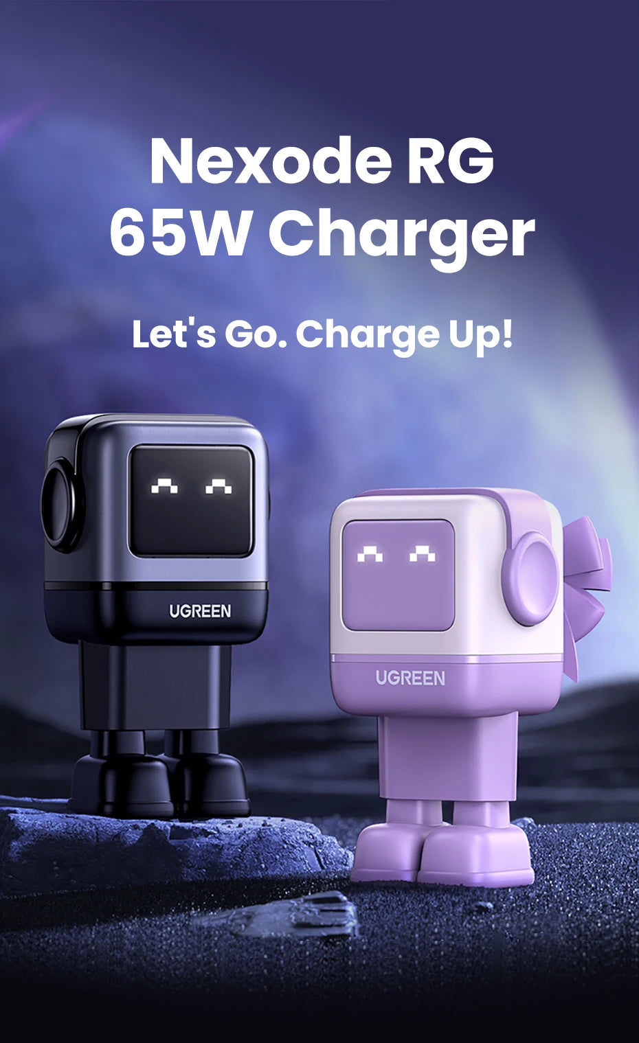 UGREEN 65W GaN Charger Uno Robot Design Quick Charge 4.0 3.0 PPS PD Fast Charger for iPhone 17 16 15 Pro Macbook Laptop Tablet