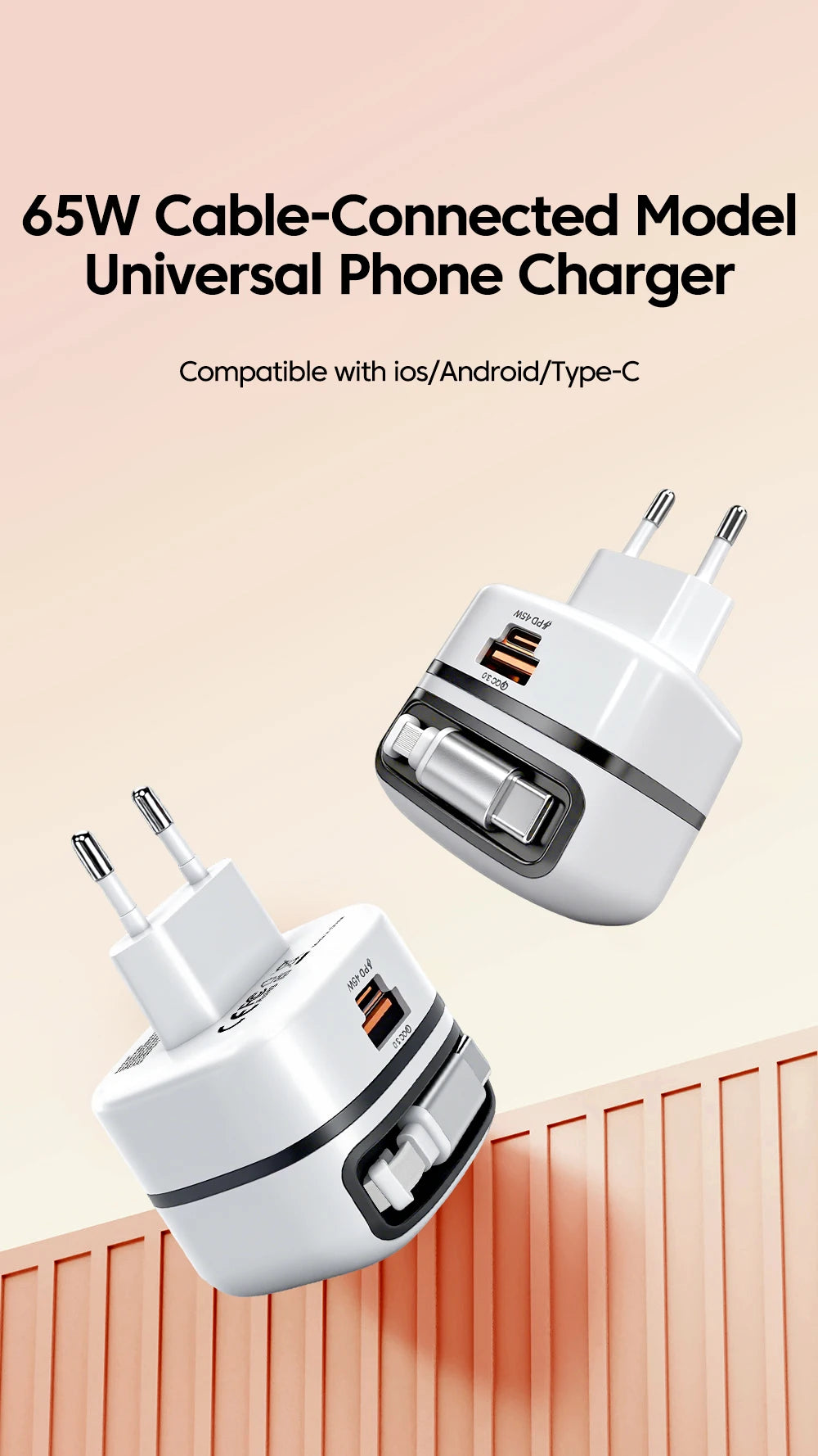 Elough 65W USB Type C Phone Charger Universal Travel Adapter Retractable Fast Charging USB C Cable For iPhone 16 Samsung Laptop