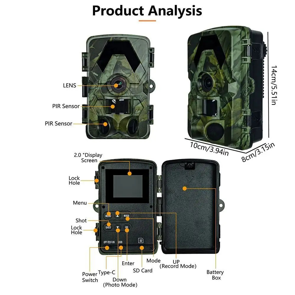 IP66 Waterproof Outdoor Infrared Trail Camera 120° Wide-Angle Camouflage 5K HD Motion Activated Camera with Straps Support 128G