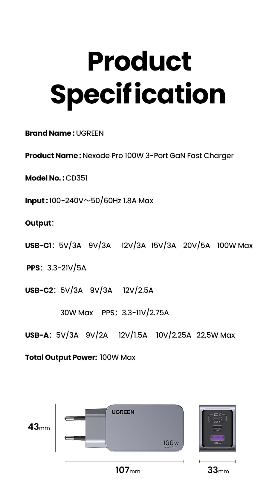 UGREEN 100W GaN Charger USB C Charger QC4.0 3.0 Quick Charge For Macbook Laptop Tablet PD Fast Charger For iPhone 17 16 15 Pro