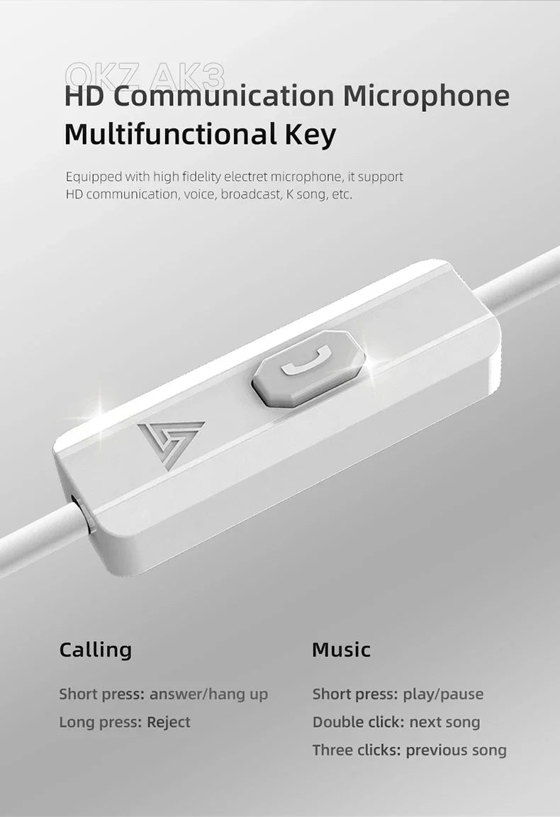 QKZ AK3 FiLe Wired Earphone with Microphone HiFi Music Monitor Bass Headphones Noise Cancelling Headset For Sport Gaming Earbuds - Universal Market
