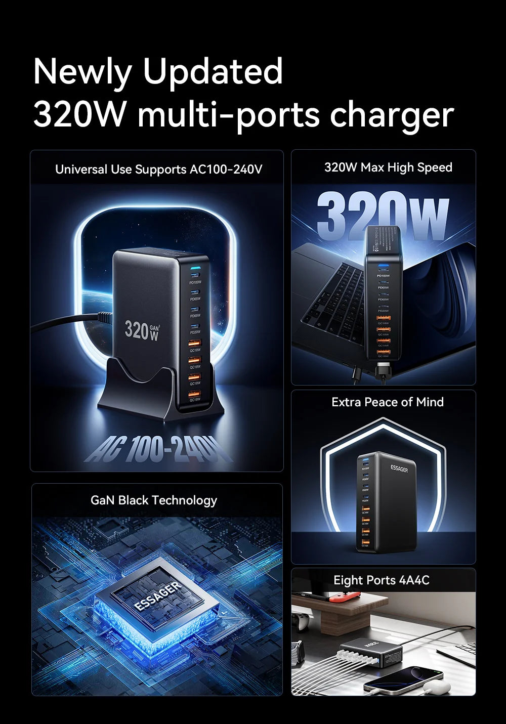 Essager 320W GaN Charger 8Port USB Type C Desktop Charging Station PD 100W Fast Charging For iPhone 17 16 15 iPad MacBook Laptop