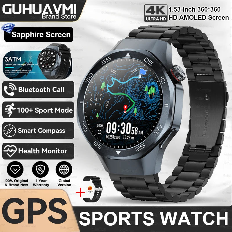 2025New Upgraded Outdoor Sport GPS Smart Watch Men 1.53" HD AMOLED Screen GPS track Heart Rate Bluetooth Call Compass SmartWatch