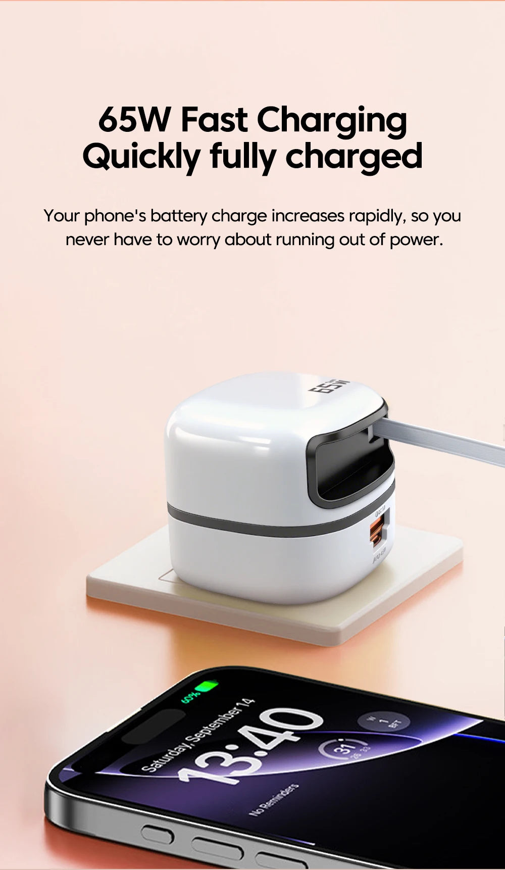 Elough 65W USB Type C Phone Charger Universal Travel Adapter Retractable Fast Charging USB C Cable For iPhone 16 Samsung Laptop