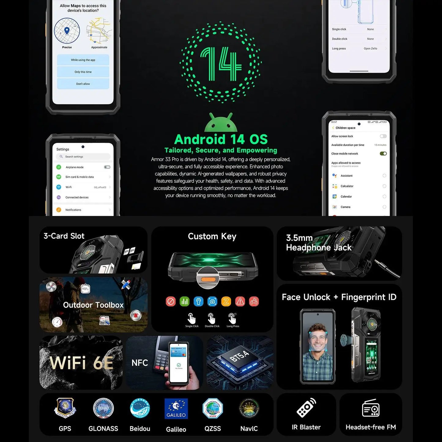 Ulefone Armor 33 Pro Rugged Smartphone 5G Dual Screen 6.95" 120Hz 16GB+512GB 25500mAh Battery 66W 64MP Night Vision NFC