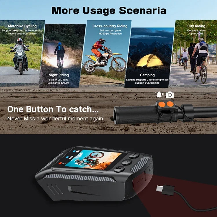 3 in 1 Multifunction Sport DV Dash Cam with Light Horn 4K Bike Helmet Action Camera HD Screen Motorcycle Bicycle Cycling Camera