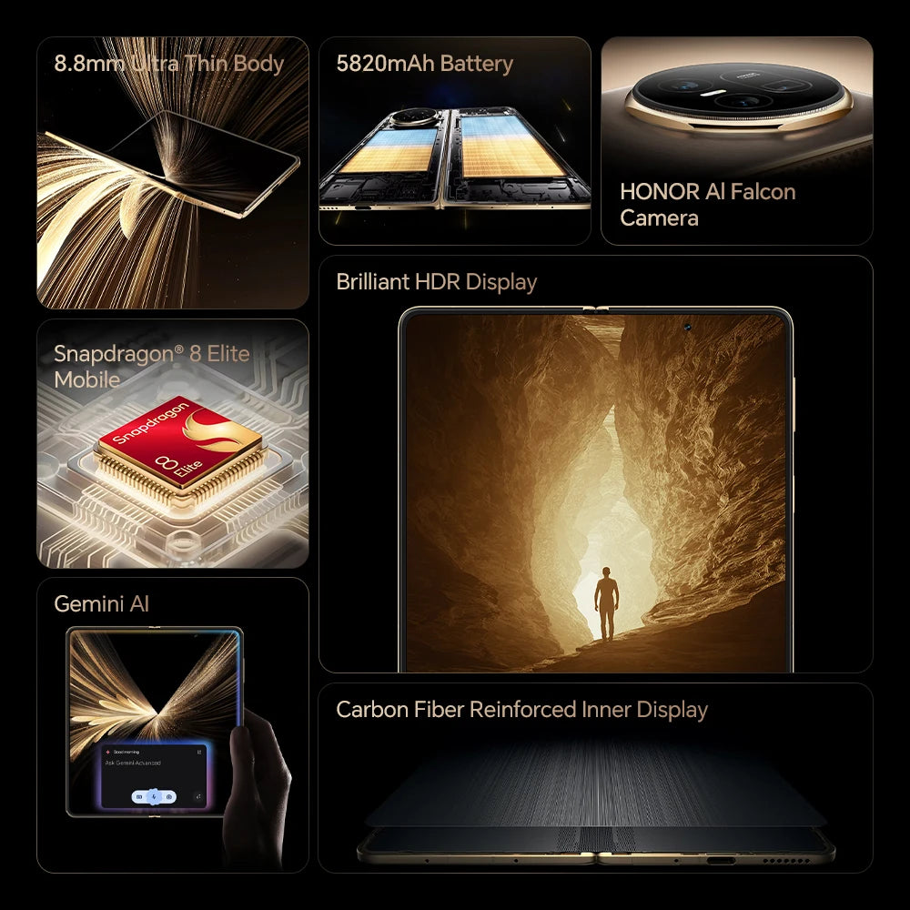 HONOR Magic V5 Global Version Foldable SmartPhone Snapdragon 8 Elite 7.95" Dual HDR OLED Display 66W Wired 50W Wireless NFC eSIM