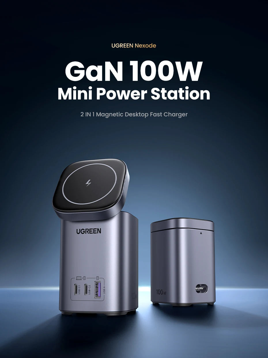 UGREEN GaN 100W Desktop Charger MFi Magnetic Wireless Charger for iPhone 17 16 15 Fast Charger Power Station for Laptop Notebook