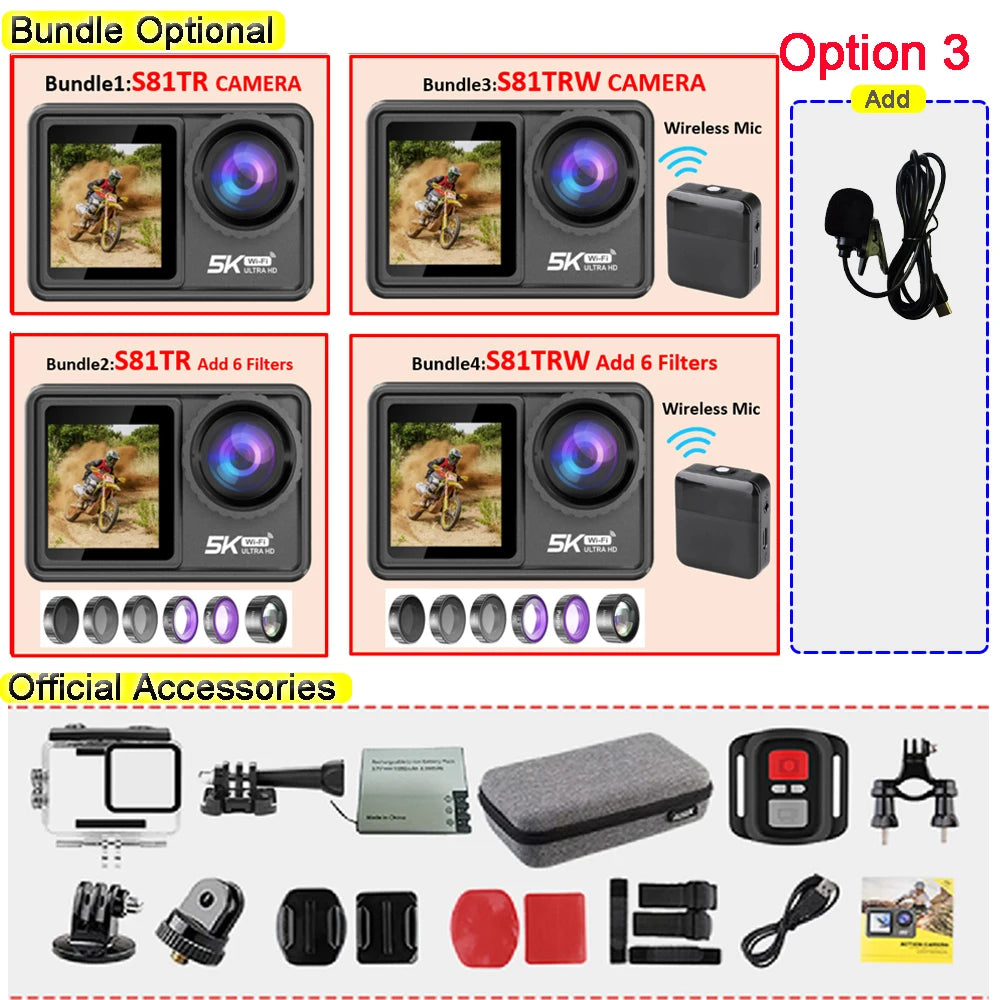 2" IPS Dual Screen Action Camera 5K 30FPS 4K 60FPS 48MP EIS Video With Optional Filter Lens 1080P Webcam Vlog WiFi Sports Cam