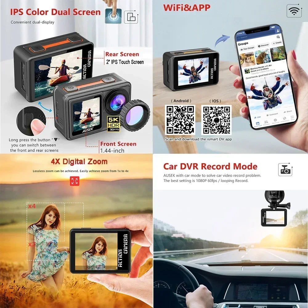 2" IPS Dual Screen Action Camera 5K 30FPS 4K 60FPS 48MP EIS Video With Optional Filter Lens 1080P Webcam Vlog WiFi Sports Cam