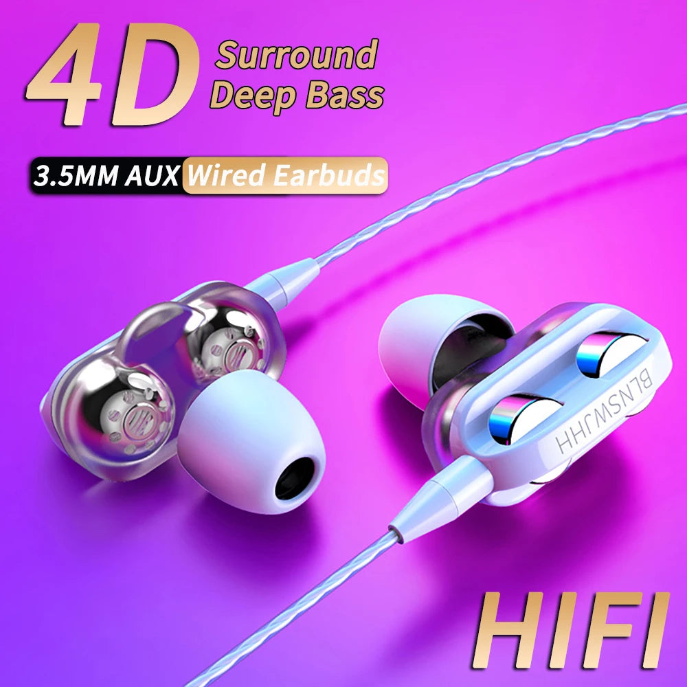 3.5mm Wired Headphones Noise Canceling In-Ear Sports Earphone Dual Driver Bass Stereo Gaming Headset HiFi Music Earbuds With Mic - Universal Market