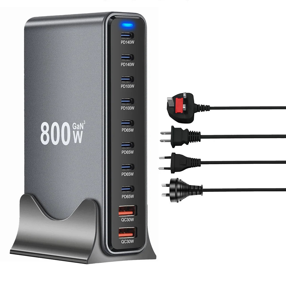 2025 New 800W GaN Fast Charging PD3.1 PPS 10 Ports USB C Type C Fast Charger Station Adapters for iPhone Samsung Xiaomi Huawei