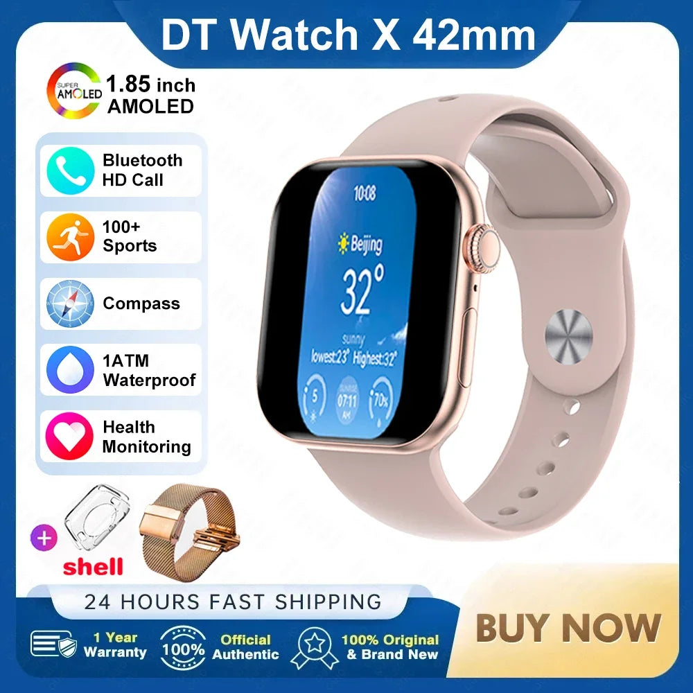 For Apple DT Watch X Mini Smart Watch 3D Menu Video AI Voice NFC Sports Record Health Test 1.85 Inch AMOLED Women Smartwatch