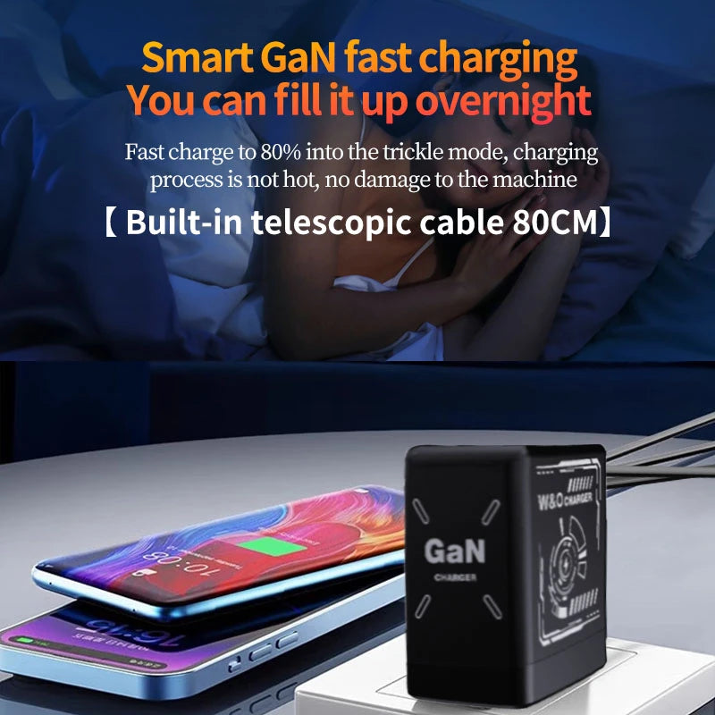 XIAOMI GaN 120W Fast Charger with Retractable Type-C Ligting Cable Portable Multi-Device Folding Adapter For iPhone Samsung