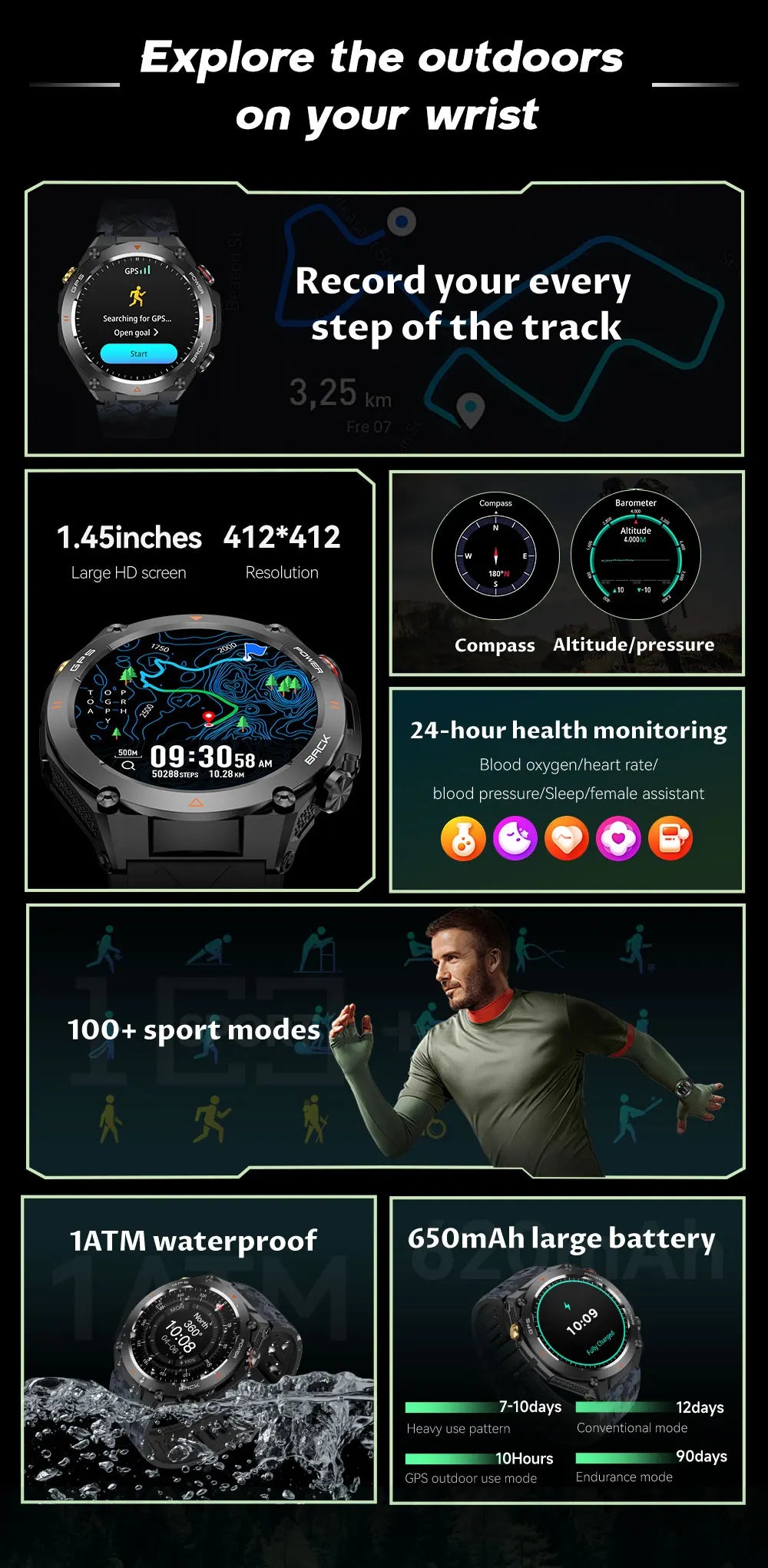 TLCRETE Men Outdoor Smartwatch Stainless Steel BT Call 650mAh Built-In GPS AI Voice Assistant 1ATM Waterproof Smart Watch KC82