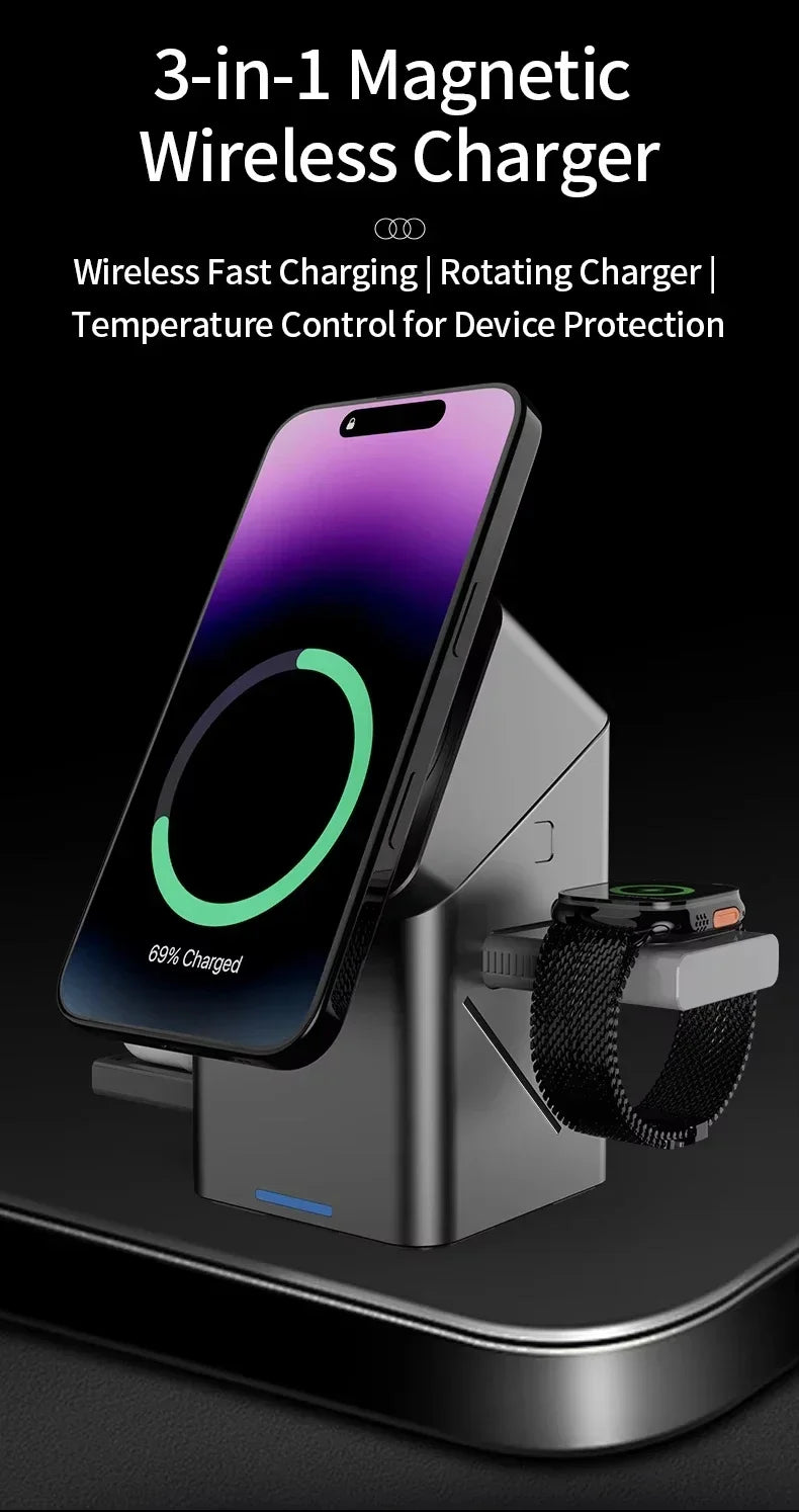2025 New Automatic Touch Magnetic Multi-function 3 in 1 Wireless Charger for Iphone 16 15 14 13 Pro Max Iwatch Airpods Charger