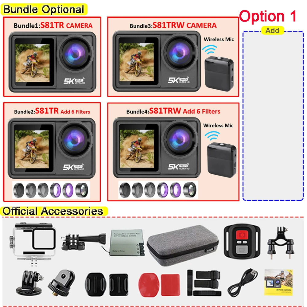 2" IPS Dual Screen Action Camera 5K 30FPS 4K 60FPS 48MP EIS Video With Optional Filter Lens 1080P Webcam Vlog WiFi Sports Cam