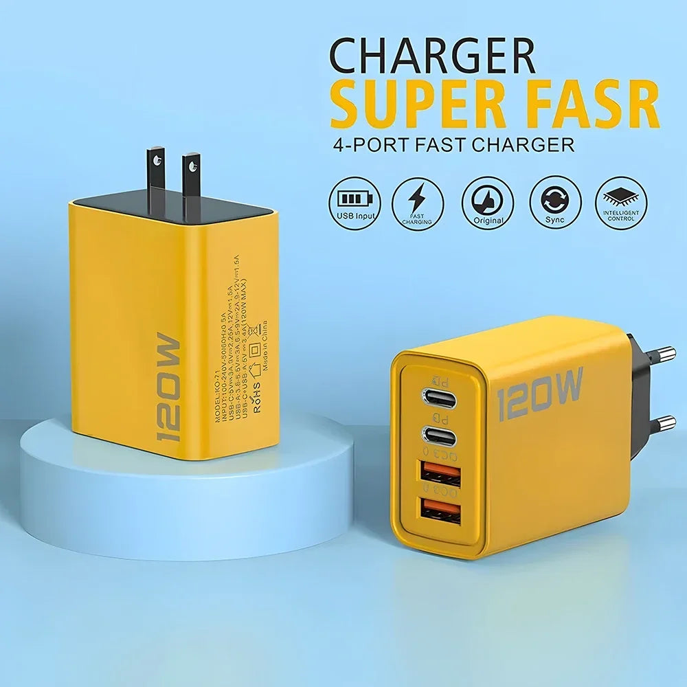 120W 2 USB+2 Type-C 4 Ports Wall Charger Fast Charging EU/US/UK Plug Power Adapter For Xiaomi iPhone Samsung Huawei Phone/Tablet