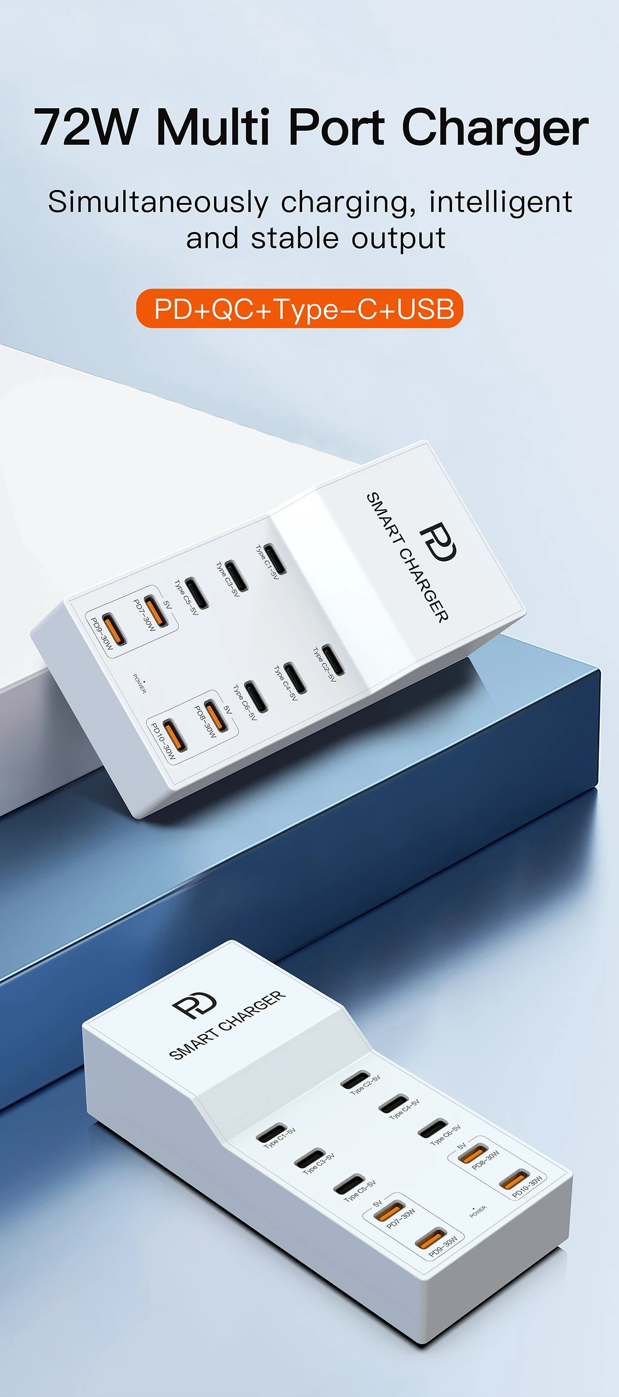 AIXXCO 72W 8 Ports PD QC3.0 USB C Fast Charger Type c Wall Adapter Super Fast Charging For Iphone Samsung Ipad Xiaomi