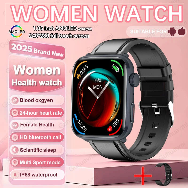2025 AI Diagnosis NFC Smart Watch Women 1.85 inch AMOLED Blood pressure Heart Rate Temperature BT call Smartwatches Men For IOS
