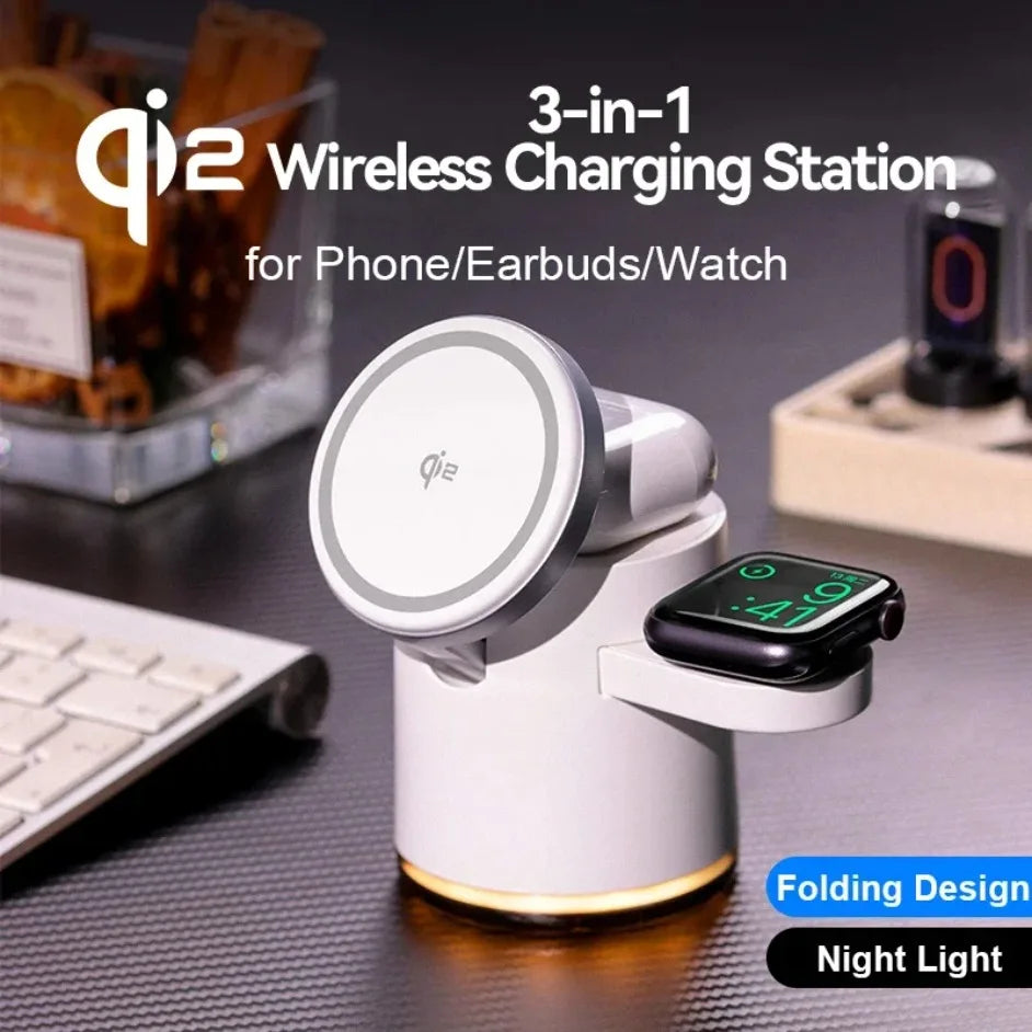 2025 New Qi2 Wireless Charger 3-in-1 Fast Charging Station Stand Folding Holder for iPhone 16 15 14 Pro Max Airpods Apple Watch