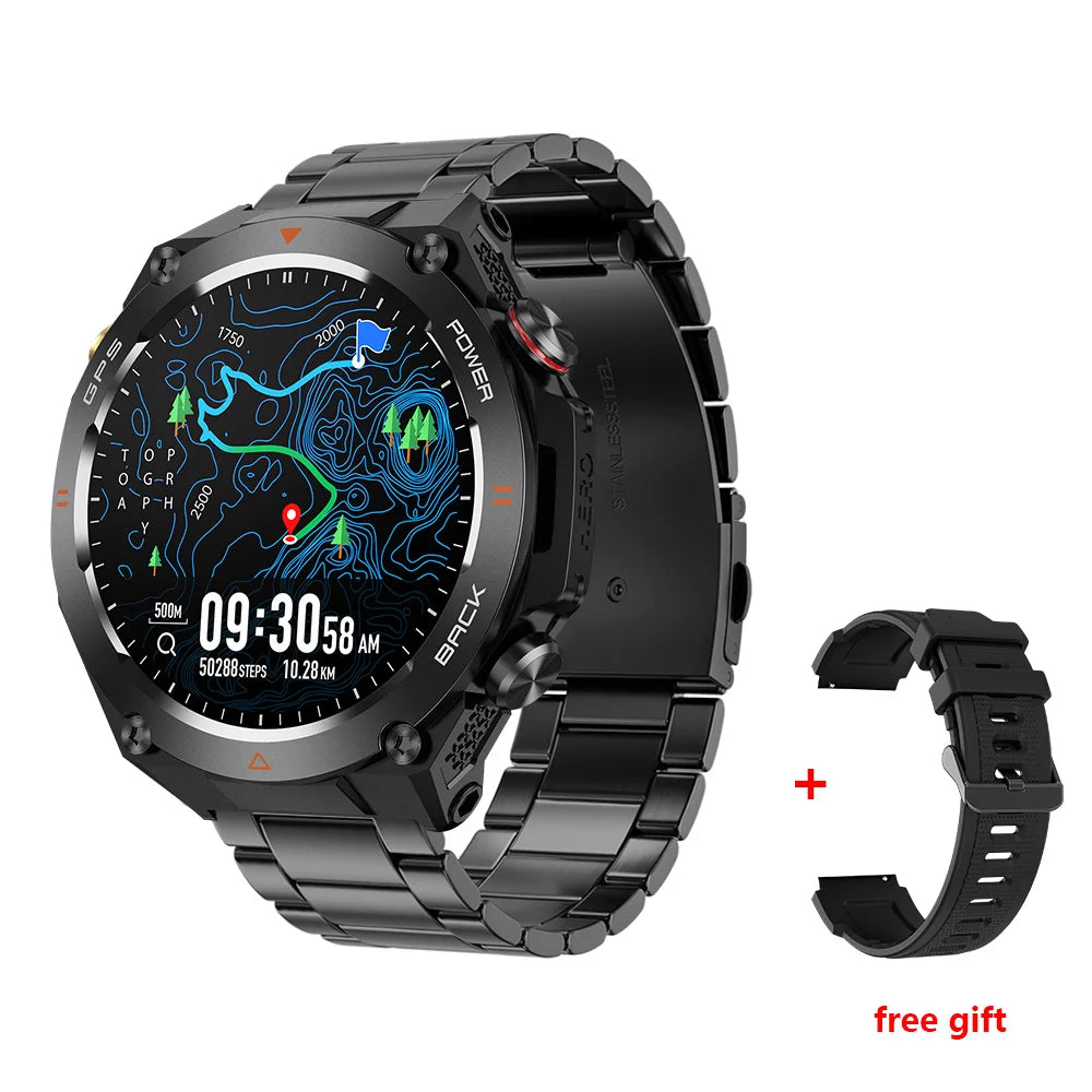 TLCRETE Men Outdoor Smartwatch Stainless Steel BT Call 650mAh Built-In GPS AI Voice Assistant 1ATM Waterproof Smart Watch KC82