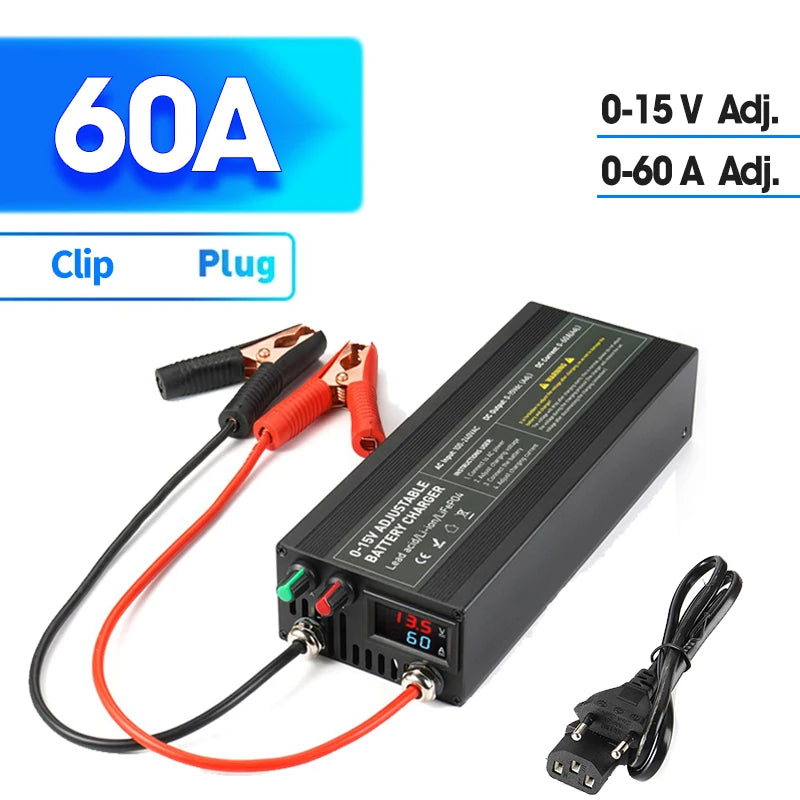 Lifepo4 Charger 12V 60A 100A Lithium Battery Charger 110V-240V Input 0-15V Adjustable Quick Fast Adapter for Lifepo4 Battery