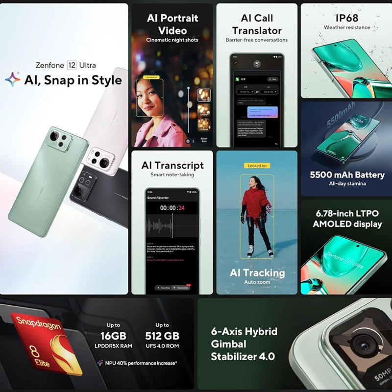 Global Version ASUS Zenfone 12 Ultra AI 5G Smartphone Snapdragon 8 Elite 6.78'' 144Hz AMOLED LTPO Display 5500mAh Battery Phone