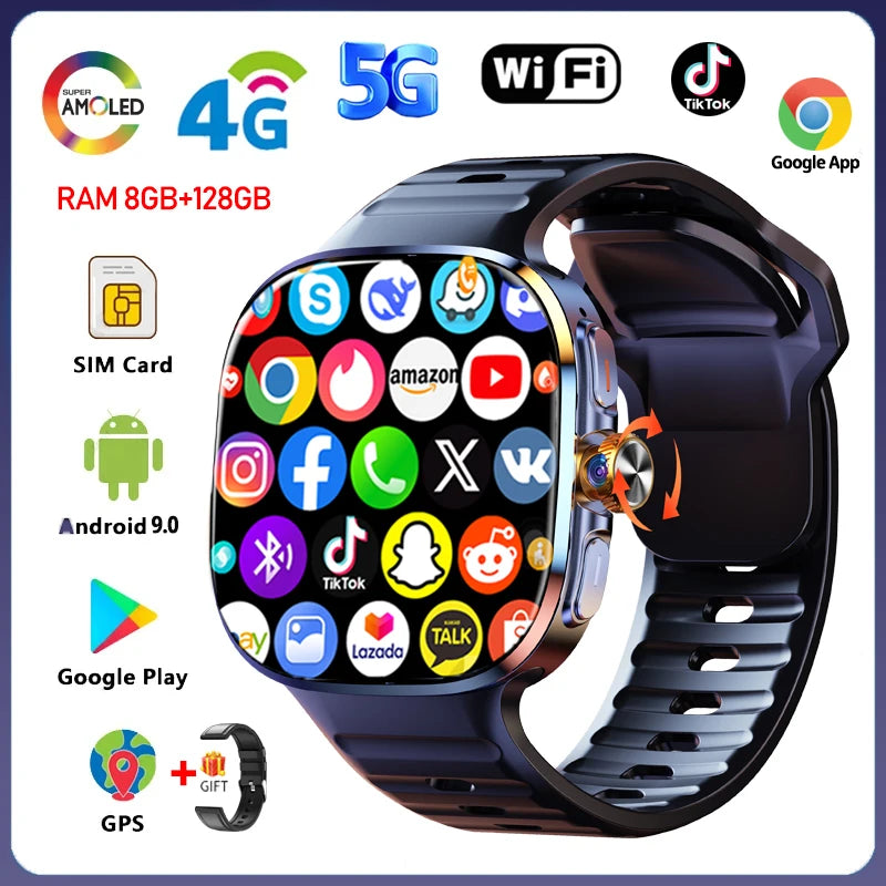 8GB+128GB RAM 5G/4G Android 9.0 Smart Watch 2.4 inch AMOLED 2100mah Battery 900W Camera GPS WIFI Google APPS Download Smartwatch