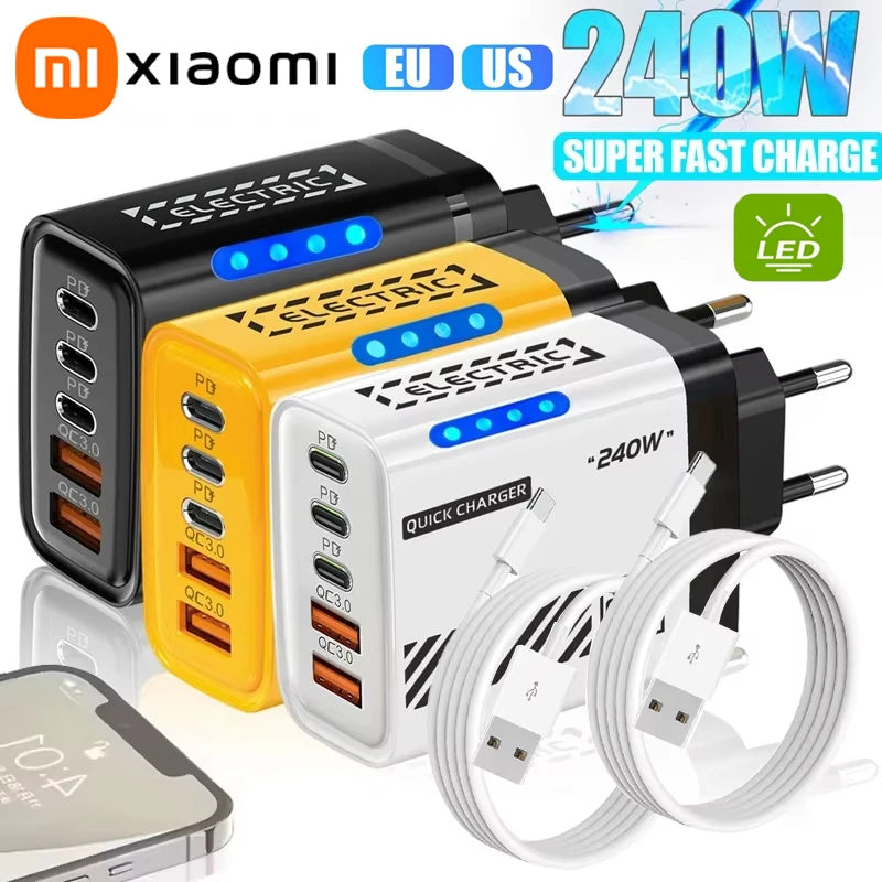 Xiaomi 240W 5 Ports Type-C USB Fast Charger EU US Plug Charger With LED Light Desktop Power Adapter For Iphone Samsung Huawei