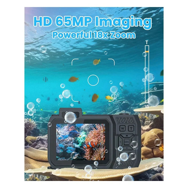 3CGRO-Waterproof Camera 4K 65MP Underwater Camera With 64G Card, For Snorkeling Autofocus Selfie Dual-Screen