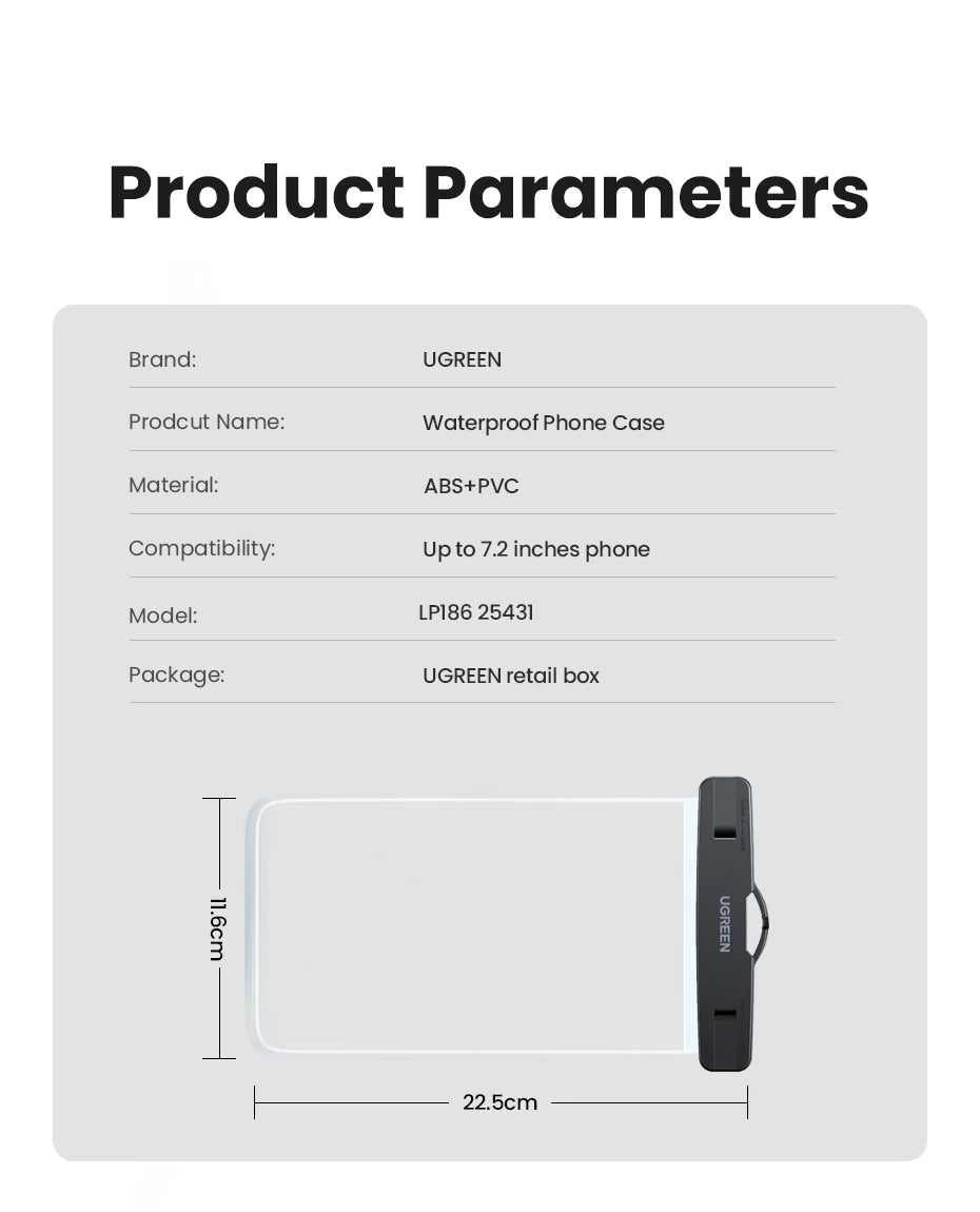 UGREEN 7.2 inch IPX8 Waterproof Phone Case Bag For iPhone 16 15 14 13 12 Pro Max Samsung Universal Swimming Protective Pouch Bag
