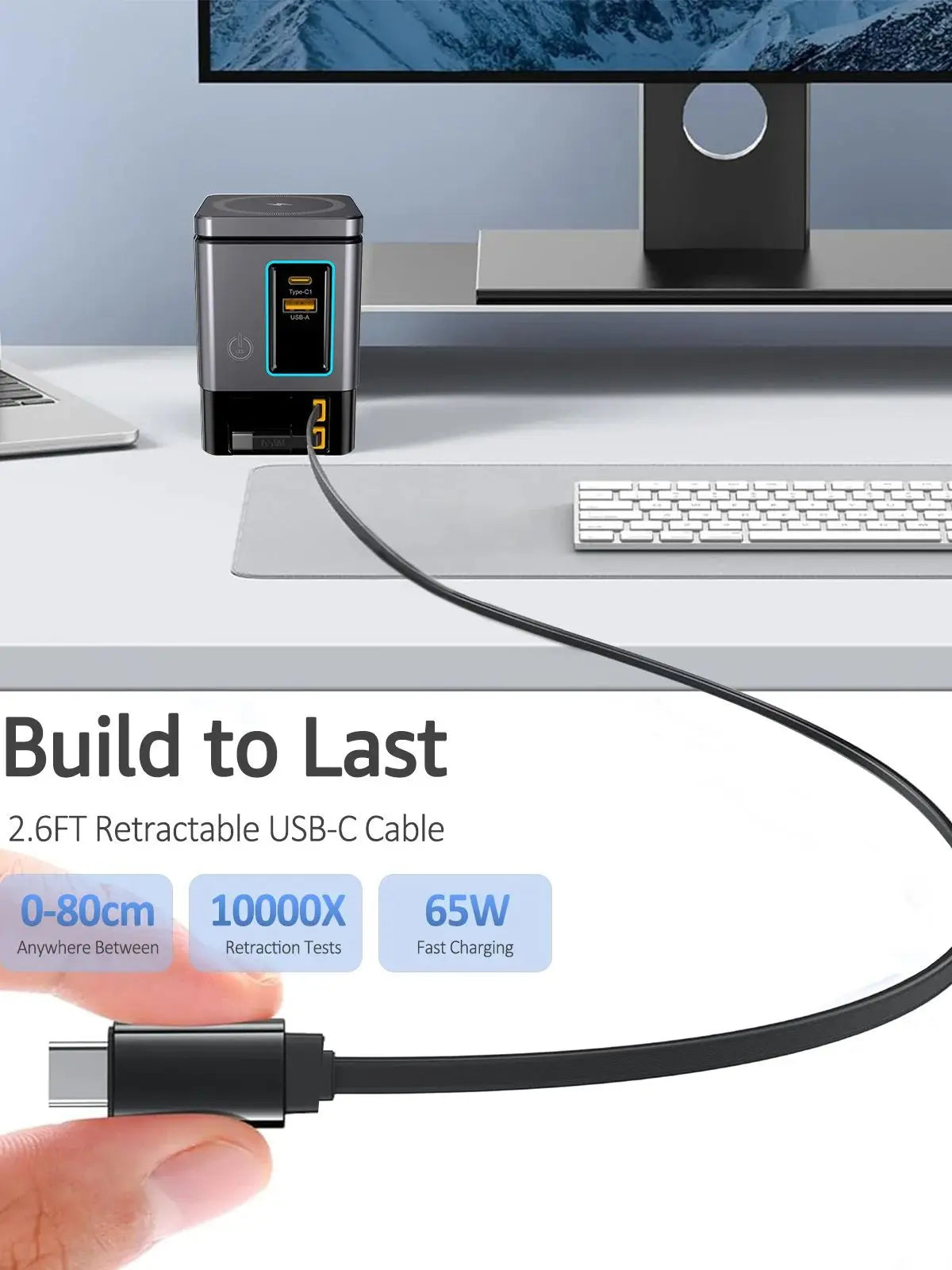105W Dual Retractable Cable Multi-Port Desktop Charger 2-in-1 Wireless Charger C-Port Blind Plug 65W with LED Ambient Lights
