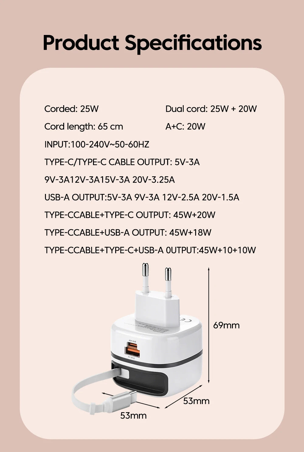 Elough 65W USB Type C Phone Charger Universal Travel Adapter Retractable Fast Charging USB C Cable For iPhone 16 Samsung Laptop