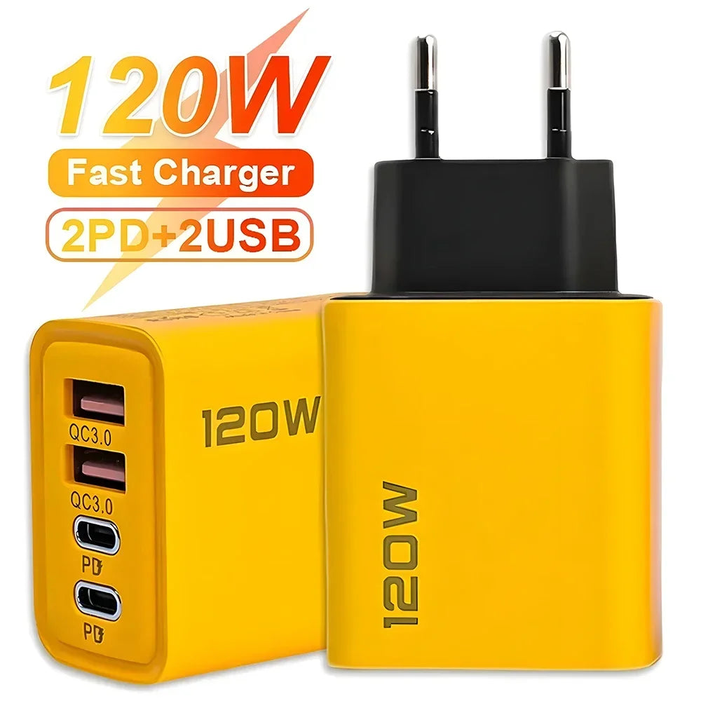 120W 2 USB+2 Type-C 4 Ports Wall Charger Fast Charging EU/US/UK Plug Power Adapter For Xiaomi iPhone Samsung Huawei Phone/Tablet