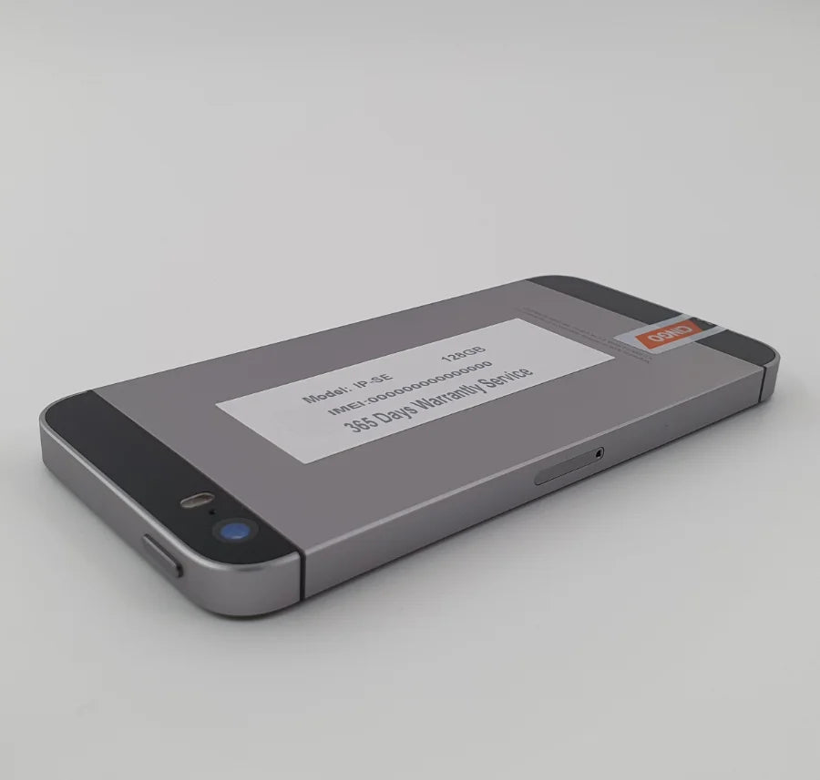 iPhone SE specifications unlocked mobile showing a back view of the device with warranty details visible.