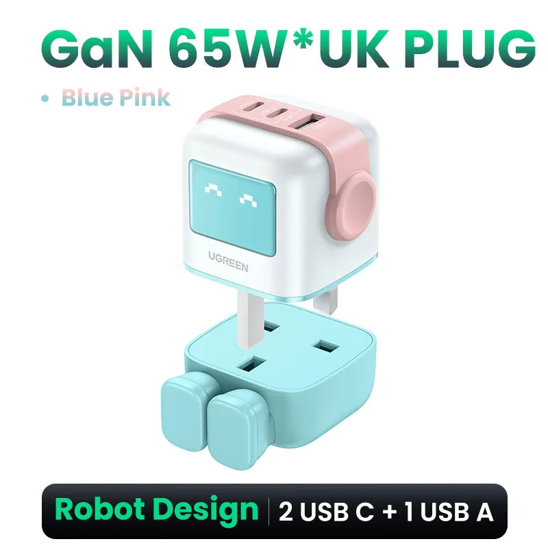 UGREEN 65W GaN Charger Uno Robot Design Quick Charge 4.0 3.0 PPS PD Fast Charger for iPhone 17 16 15 Pro Macbook Laptop Tablet