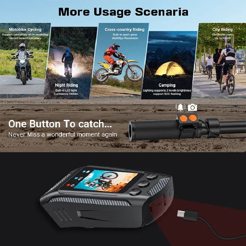 3 in 1 Multifunction Sport DV Dash Cam with Light Horn 4K Bike Helmet Action Camera HD Screen Motorcycle Bicycle Cycling Camera