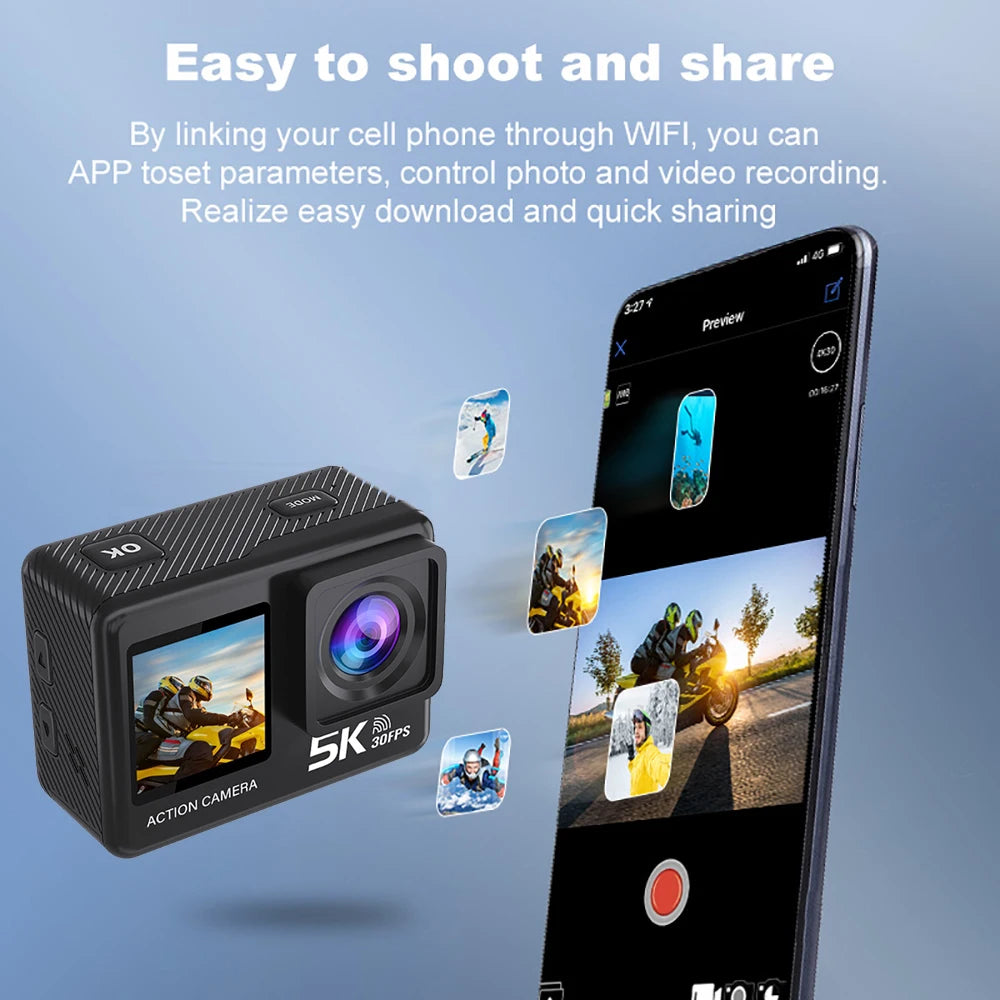 G9SE Action Camera 5K30fps 4K60fps 50MP 2.0 Touch LCD EIS DVR Webcam Dual Screen Wi-Fi 170D Waterproof 30M 5X Zoom Sports Camera