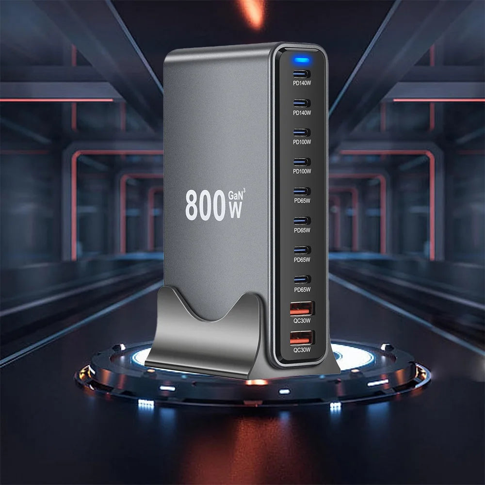 2025 New 800W GaN Fast Charging PD3.1 PPS 10 Ports USB C Type C Fast Charger Station Adapters for iPhone Samsung Xiaomi Huawei