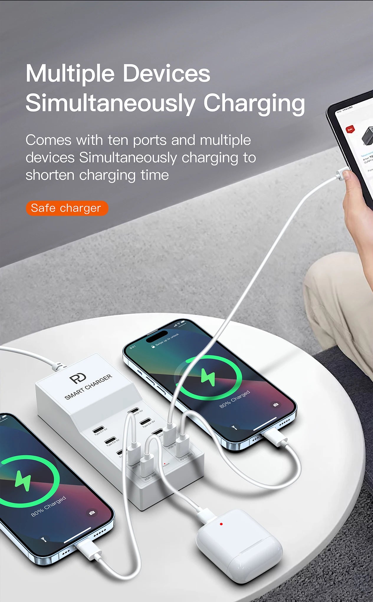 AIXXCO 72W 8 Ports PD QC3.0 USB C Fast Charger Type c Wall Adapter Super Fast Charging For Iphone Samsung Ipad Xiaomi