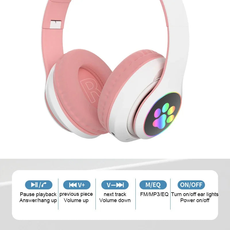 Flash Lamp Cute Cat Ears Headphone Bluetooth5.0 Stereo With Mic Support TF Card Wireless Kids Girl Earphone Birthday Gift - Universal Market