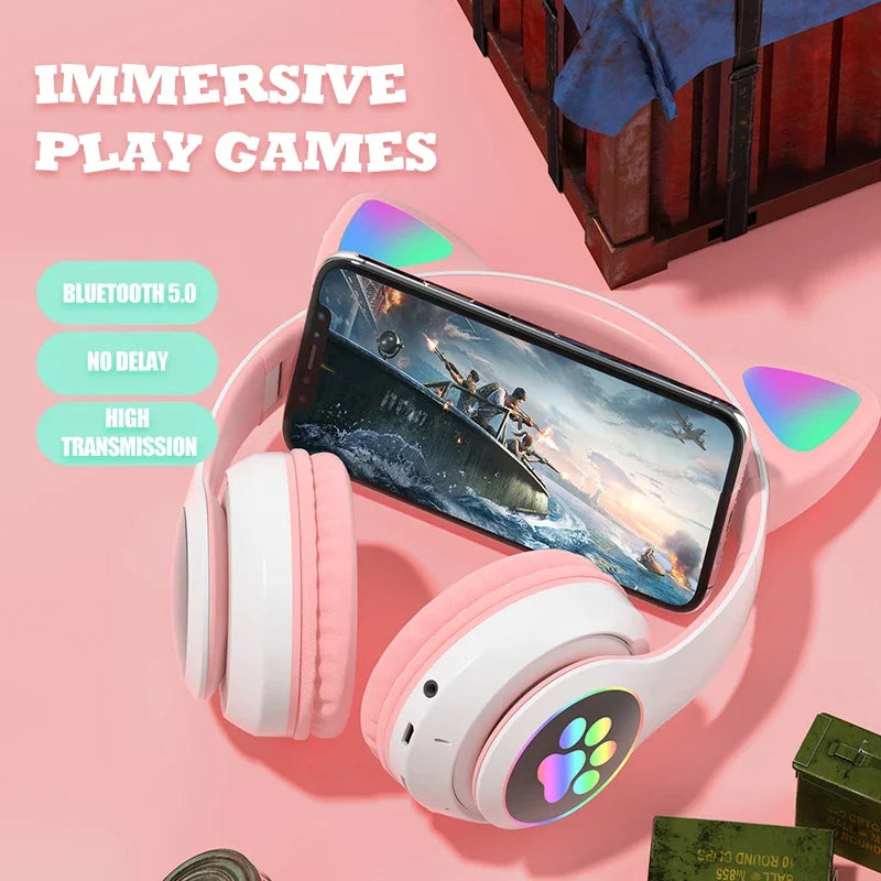 Flash Lamp Cute Cat Ears Headphone Bluetooth5.0 Stereo With Mic Support TF Card Wireless Kids Girl Earphone Birthday Gift - Universal Market